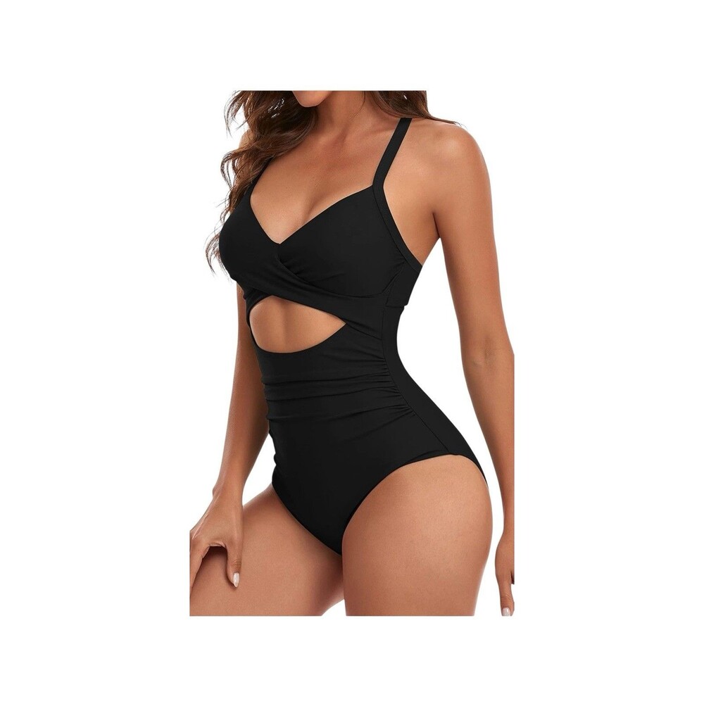 NWT Eomenie Black Cutout Tummy Control High Waisted Tie Back 1pc Swimsuit Med.